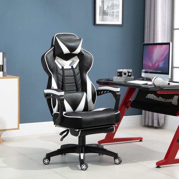 PU Leather Gaming Office Chair Retractable Footrest Gaming Chair w/ Pillows- White/Black