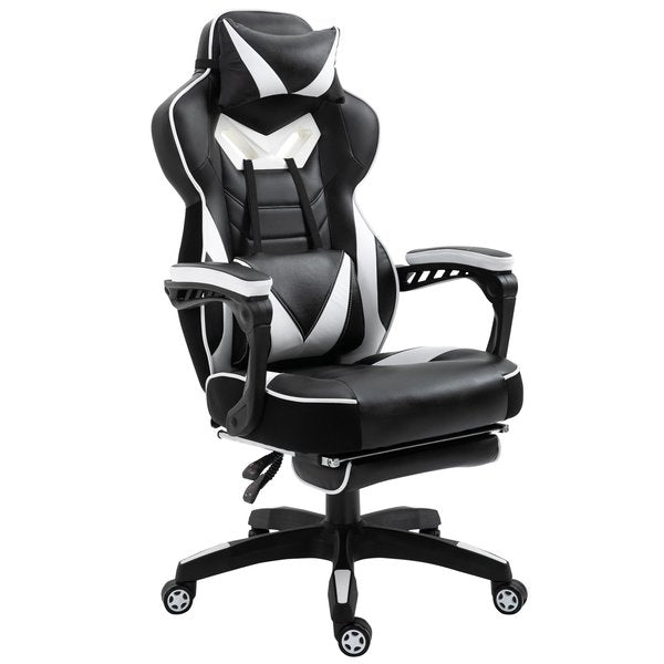 PU Leather Gaming Office Chair Retractable Footrest Gaming Chair w/ Pillows- White/Black