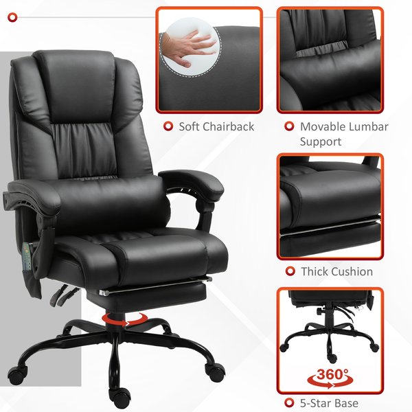  PU Leather 6-Point Massage Desk Chair w/ Remote- Black