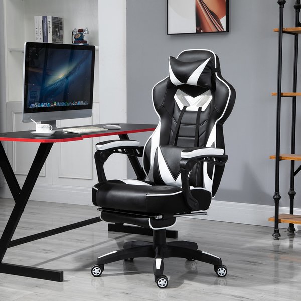 PU Leather Gaming Office Chair Retractable Footrest Gaming Chair w/ Pillows- White/Black