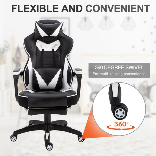 PU Leather Gaming Office Chair Retractable Footrest Gaming Chair w/ Pillows- White/Black