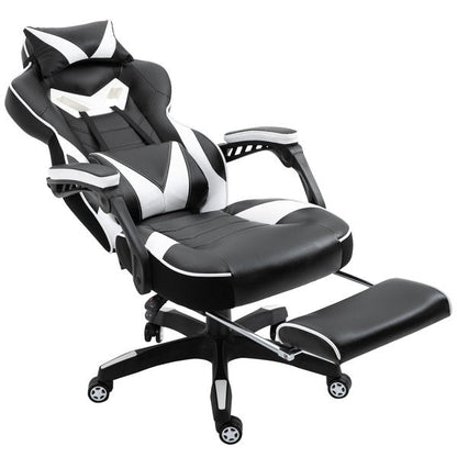 PU Leather Gaming Office Chair Retractable Footrest Gaming Chair w/ Pillows- White/Black