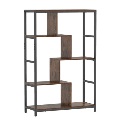 Vintage Open Storage Shelving Unit with Metal Frame for Home Office-Brown