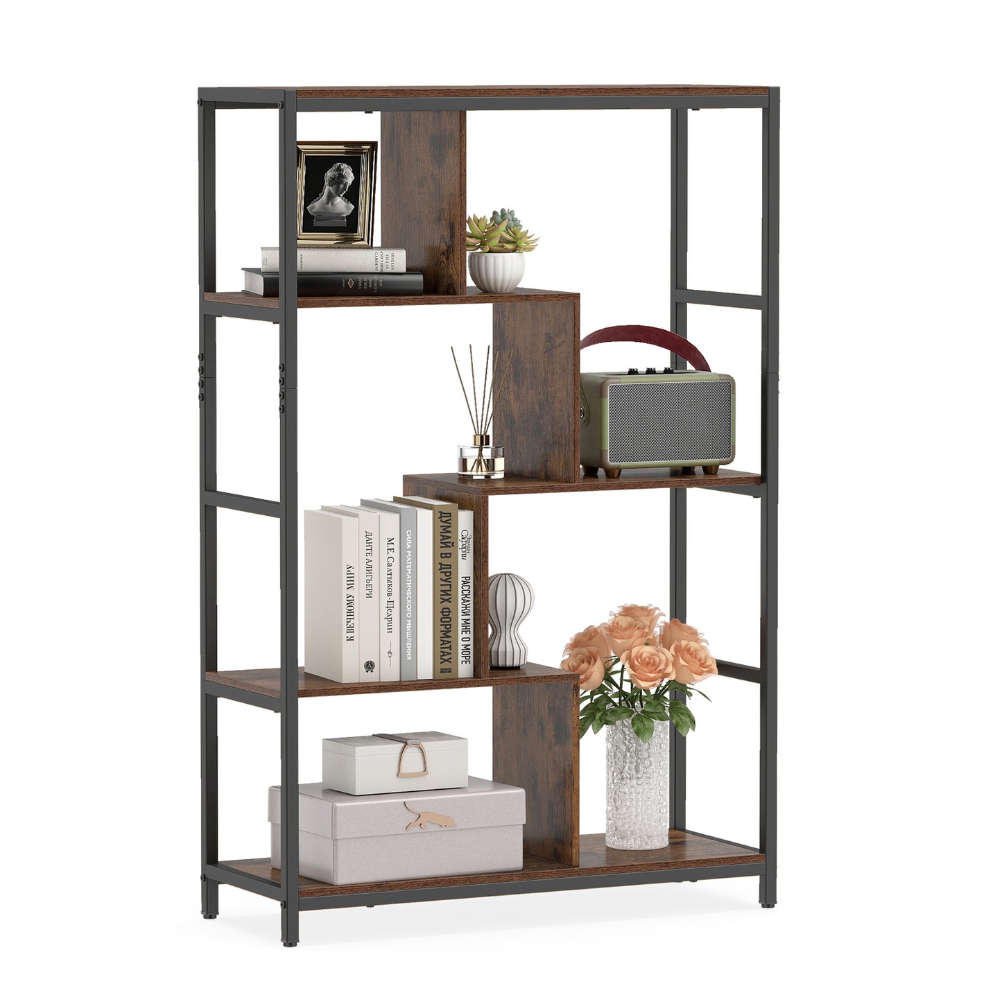 Vintage Open Storage Shelving Unit with Metal Frame for Home Office-Brown