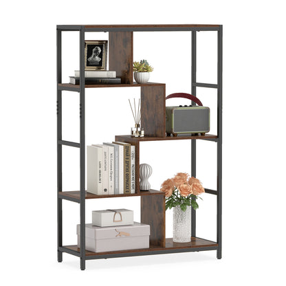 Vintage Open Storage Shelving Unit with Metal Frame for Home Office-Brown