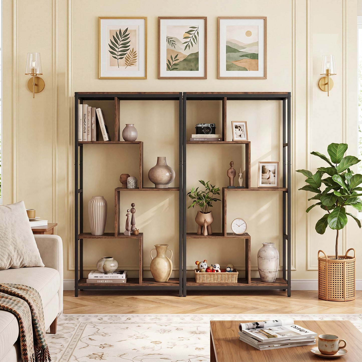 Vintage Open Storage Shelving Unit with Metal Frame for Home Office-Brown