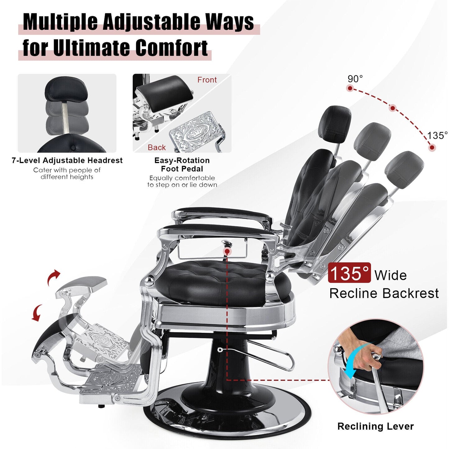 Height Adjustable 360° Swivel Vintage Salon Barber Chair-Black