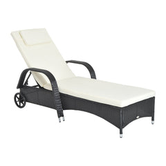 Outsunny Rattan Sun Lounger, Garden Lounger Recliner with Wheels and Adjustable Backrest, Outdoor Reclining Sunbed Garden Chair with Cushion and Headrest for Patio, Beach, Terrace, Black