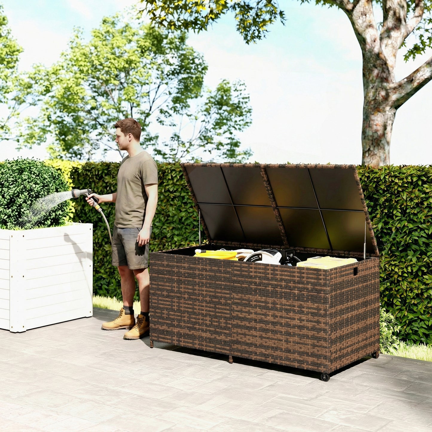 Outsunny 650L Garden Storage Box with 2 Wheels, Rattan Deck Box with Waterproof Zipped Liner, Safe Pneumatic Rods, Mixed Brown