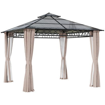 Outsunny 3 x 3 (m) Outdoor Polycarbonate Gazebo, Double√Ç Roof Hard Top Gazebo with√Ç Galvanised Steel Frame, Nettings√Ç &√Ç Curtains for Garden, Lawn, Patio and Deck, Khaki