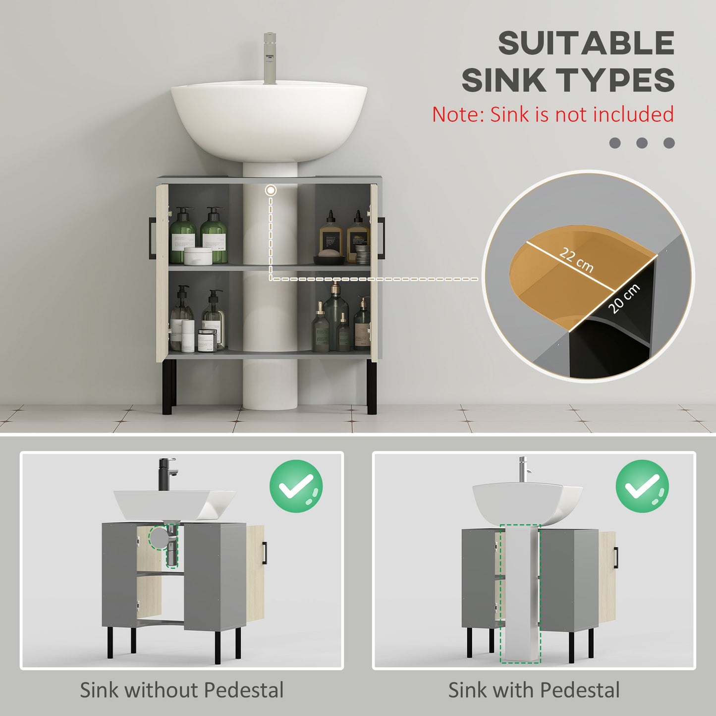 kleankin Under Sink Cabinet, Bathroom Vanity Unit, Storage Cupboard with Double Doors and Storage Shelves, 60x30x60cm, Natural