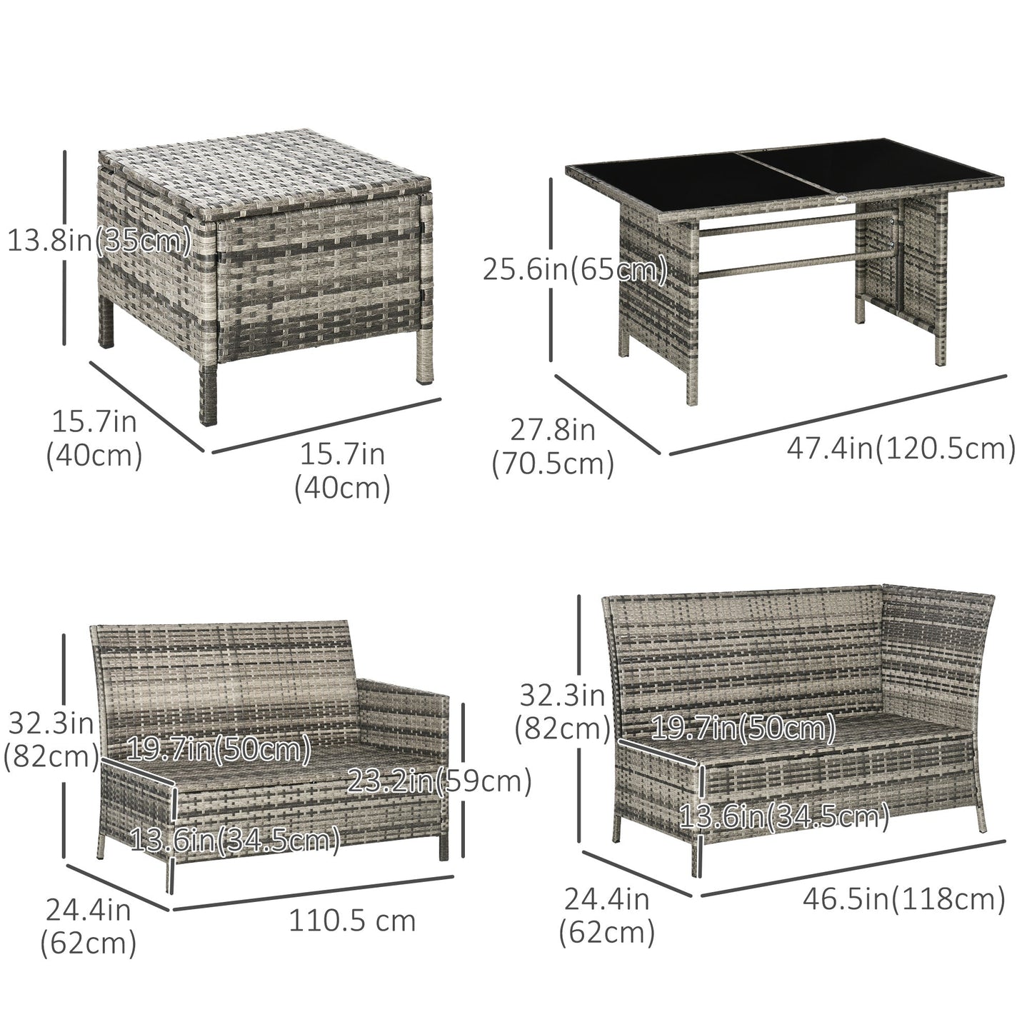 Outsunny 7-Seater Patio wicker Sofa Set Rattan Chair Furniture w/ Glass & Cushioned, Dark Blue