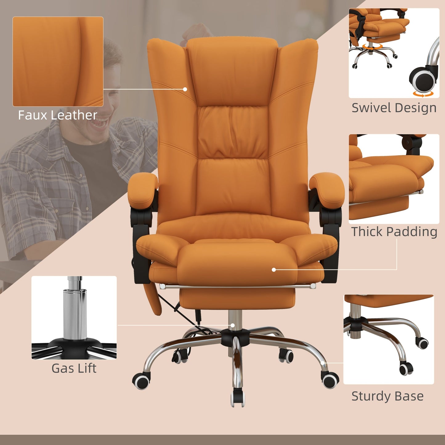 Vinsetto Vibration Massage Office Chair with Heat, PU Leather Computer Chair with Footrest, Armrest, Reclining Back, Light Brown