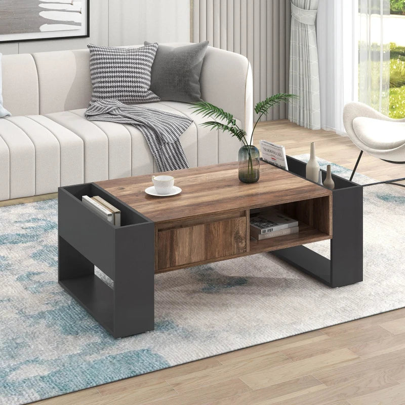 Wood Grain Coffee Table with Handleless Drawer and Double-Sided Storage, Industrial Design, 106.4x60x40 cm, Black+ Gray