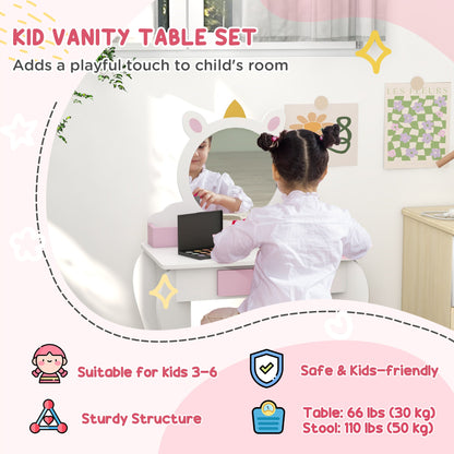 ZONEKIZ Kids Bedroom Furniture Set with Kids Dressing Table with Mirror and Stool, Toddler Bed Frame for 3-6 Years, Unicorn Design