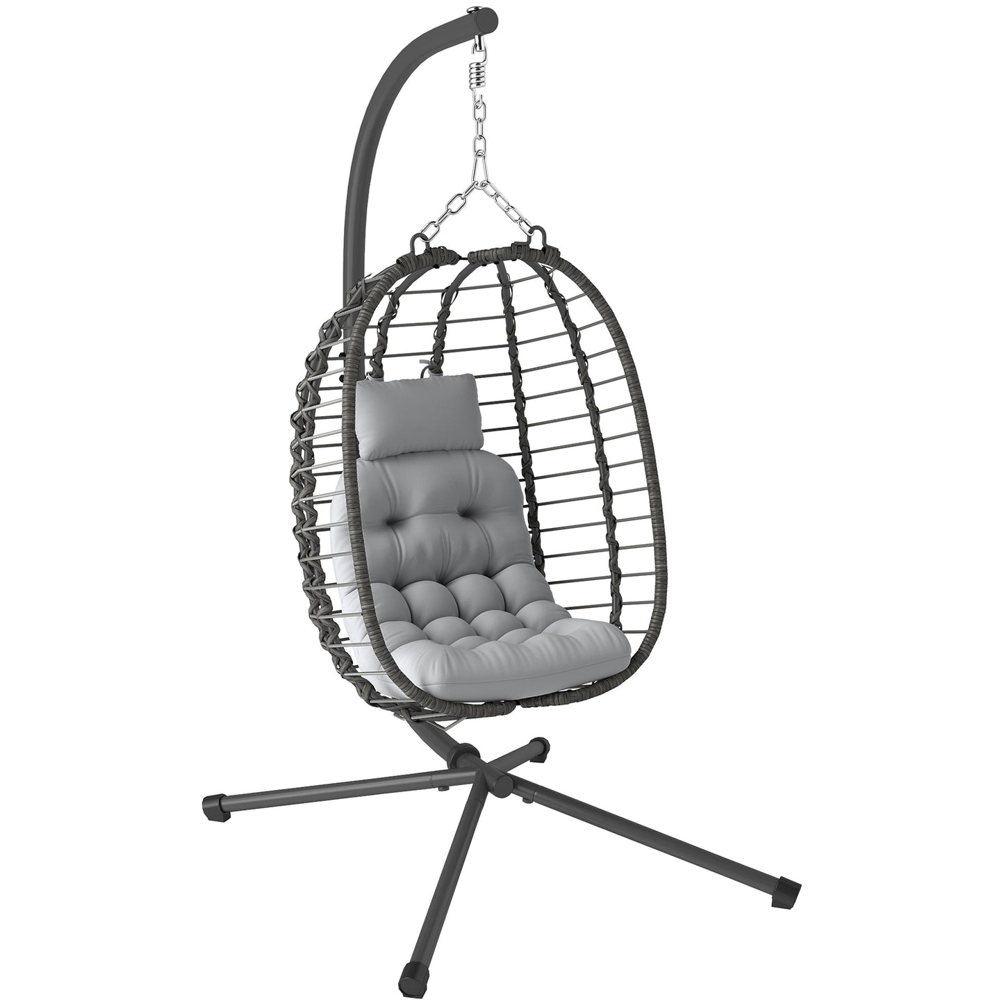 Outsunny Rattan Hanging Egg Chair, Foldable Wicker Hammock Swing Chair with Cushion, Stand, Adjustable Height, Head Pillow, Steel Frame for Garden Patio Indoor Outdoor, Light Grey