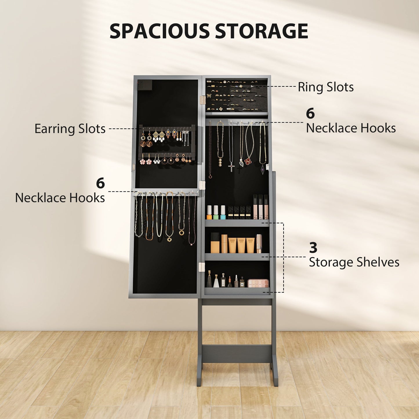 HOMCOM Freestanding Mirrored Jewellery Storage Cabinet - Grey