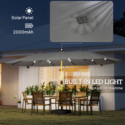 Outsunny Double Sided Garden Parasol with Base Included & 48 Solar LED Lights Patio Umbrella Crank Handle 4.6m Light Grey