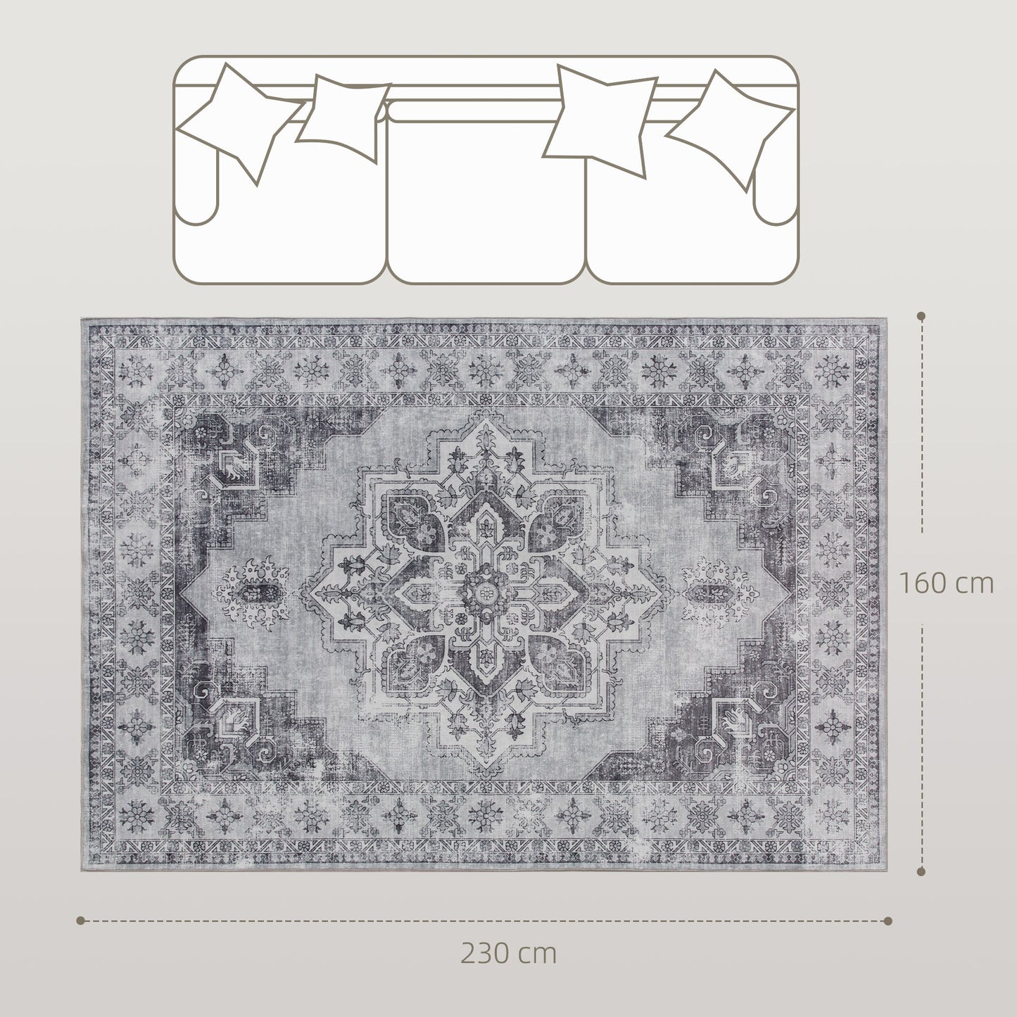 HOMCOM Vintage Area Rug, Non-Slip Washable Rug, Flannel Floor Carpet for Living Room, Bedroom, Dining Room, Home Office, 230 x 160 cm, Grey