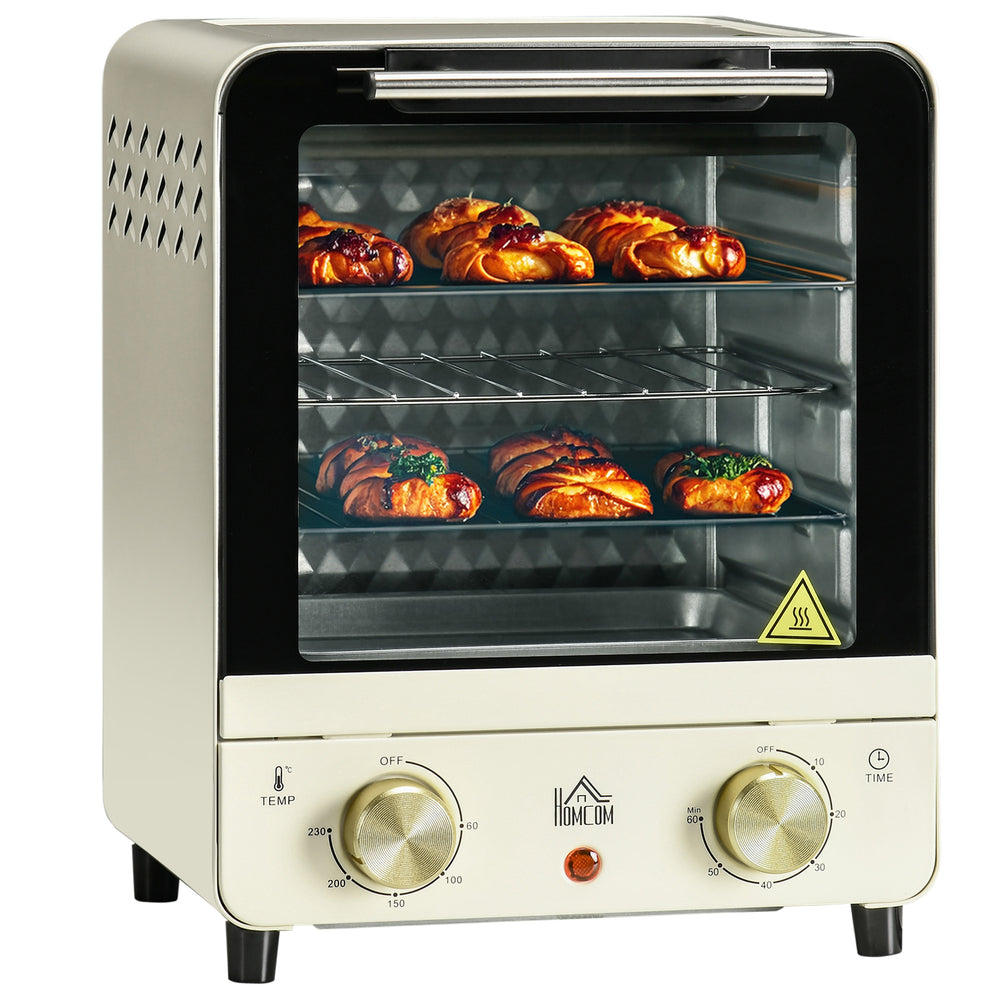 HOMCOM Mini Oven, 15 Litres Electric Oven and Grill with 60-230_ Adjustable Temperature, 60 Minute Timer, Include Baking Tray, Wire Rack and Crumb Tray, 1000W, Cream White