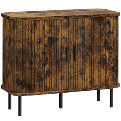 HOMCOM Mid-Century Modern Sideboard Storage Cabinet with Slatted Tambour Sliding Doors, Kitchen Cabinet with Steel Legs, Rustic Brown