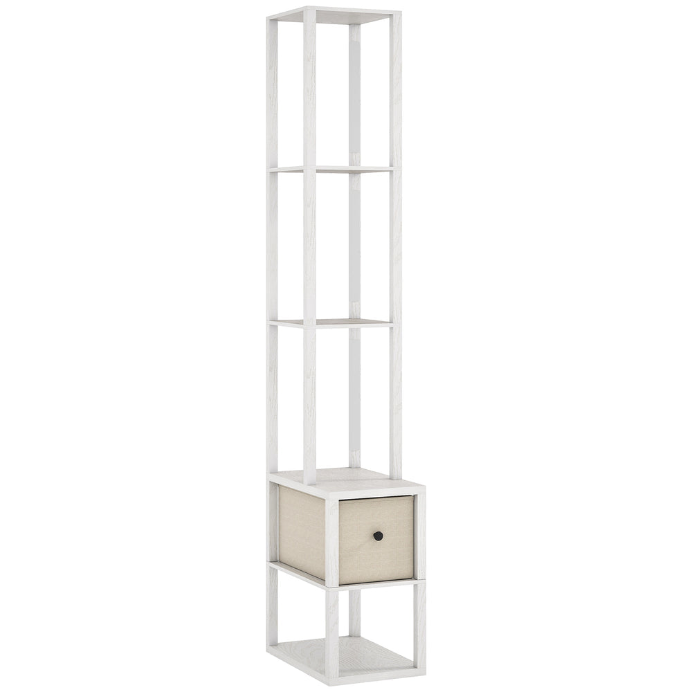 HOMCOM Floor Lamp with Shelves, LED Column Modern Standing Lamp with Fabric Drawer, Adjustable Brightness, Foot Switch for Living Room, Bedroom, Office, White