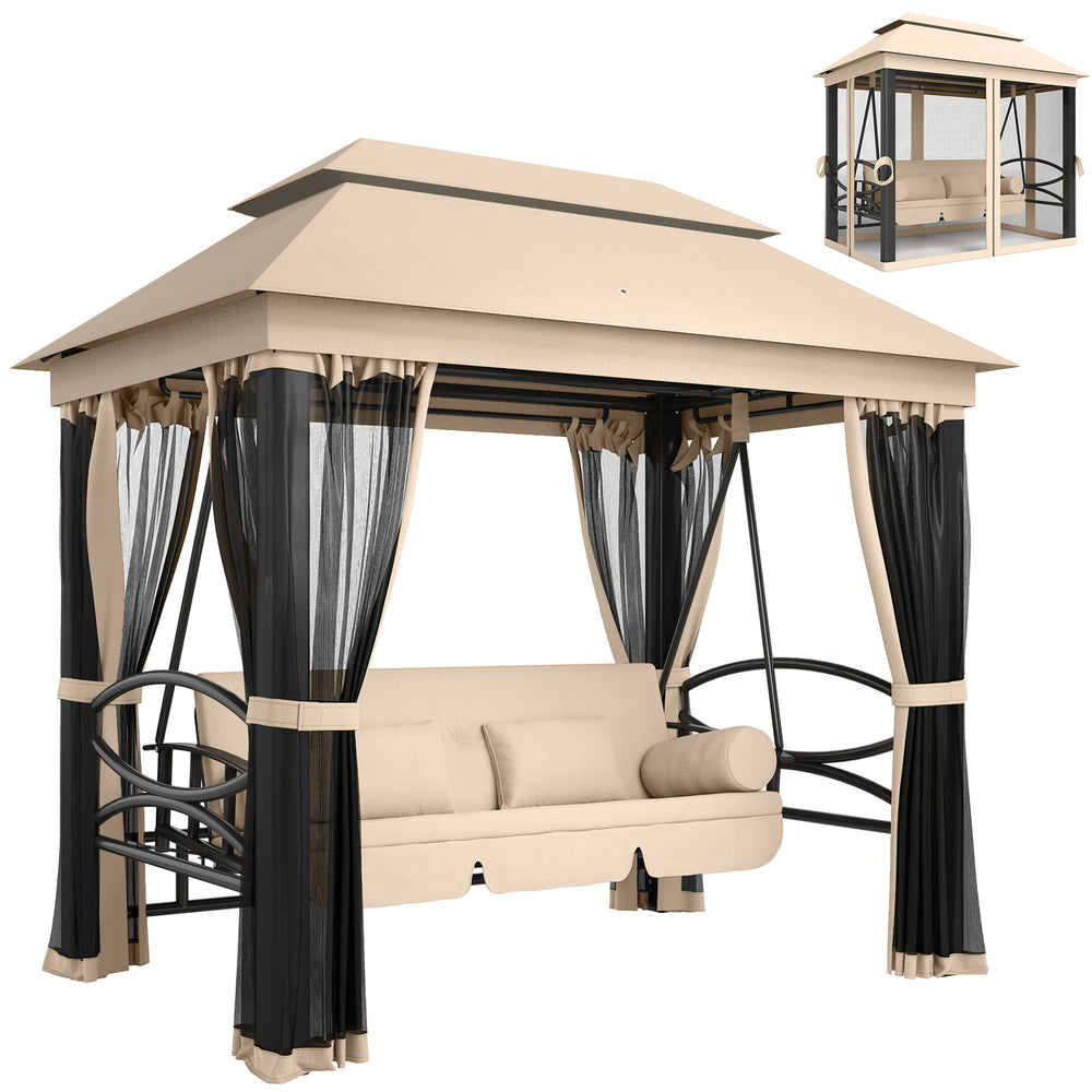 Outsunny 3 Seater Swing Chair 3-in-1 Convertible Garden Swing Seat Bed Gazebo Patio Bench Outdoor with Double Tier Canopy, Cushioned Seat, Mesh Sidewalls, Beige