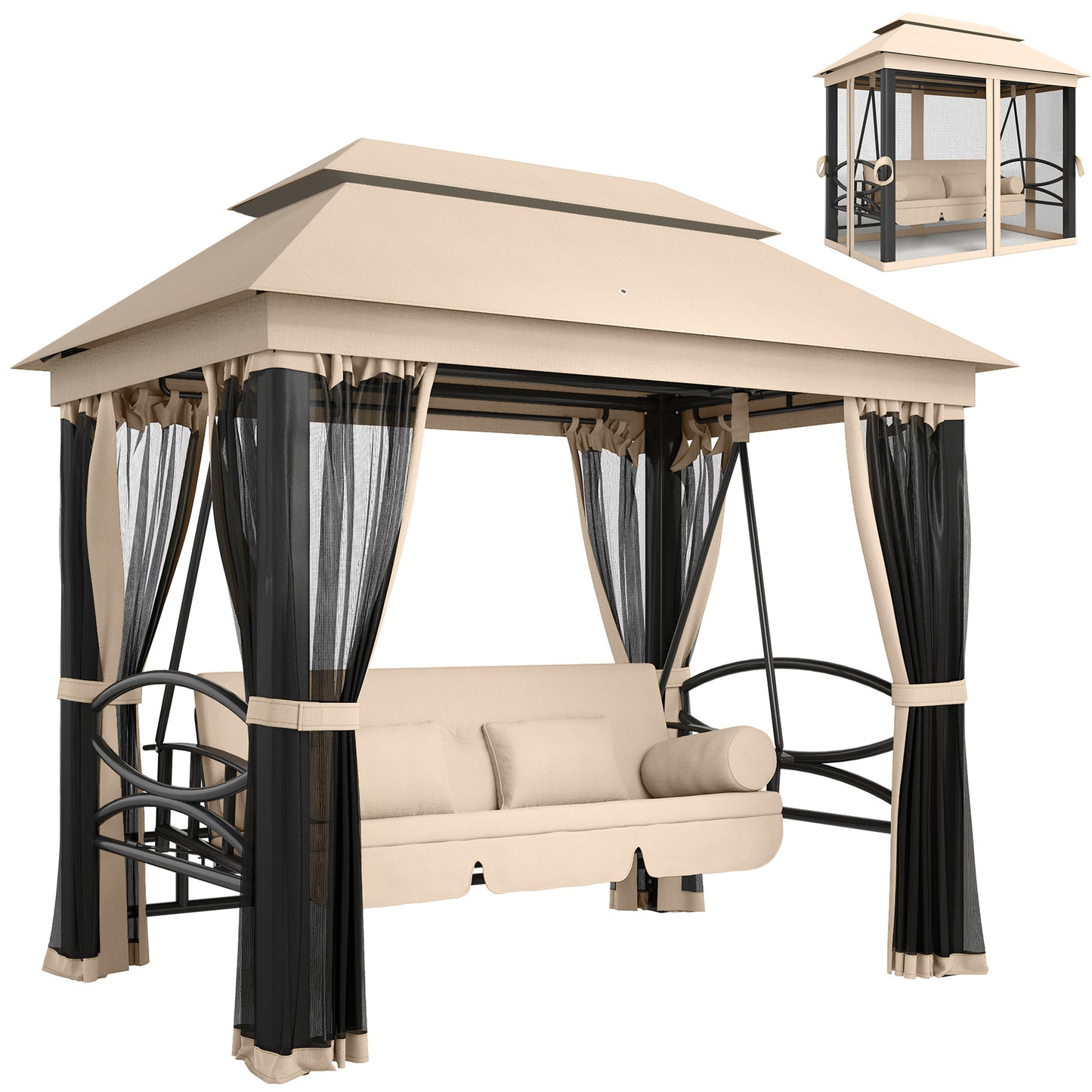 Outsunny 3 Seater Swing Chair 3-in-1 Convertible Garden Swing Seat Bed Gazebo Patio Bench Outdoor with Double Tier Canopy, Cushioned Seat, Mesh Sidewalls, Beige