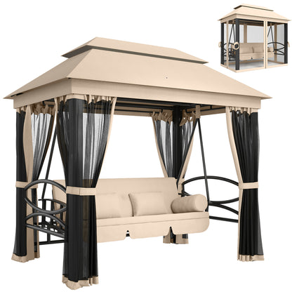 Outsunny 3 Seater Swing Chair 3-in-1 Convertible Garden Swing Seat Bed Gazebo Patio Bench Outdoor with Double Tier Canopy, Cushioned Seat, Mesh Sidewalls, Beige