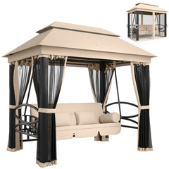 Outsunny 3 Seater Swing Chair 3-in-1 Convertible Garden Swing Seat Bed Gazebo Patio Bench Outdoor with Double Tier Canopy, Cushioned Seat, Mesh Sidewalls, Beige
