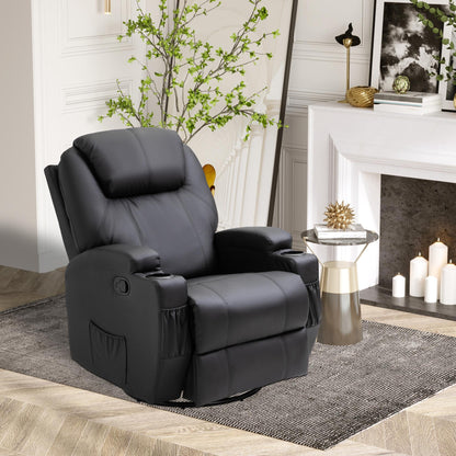 HOMCOM Recliner Chair, Recliner Massage Rocker Chair with 360 Rotate, 165 Reclining Function, Adjustable Footrest, Swivel Armchair Single Sofa for Living Room with Drink Holders, Side Pockets, Black