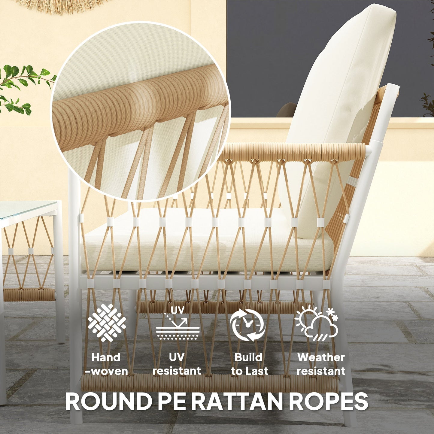 Outsunny 4 Piece Rattan Garden Furniture Set, 4 Seater Wicker Patio Conversation Set with 2 Armchairs, Loveseat, Glass Top Coffee Table and Cushions for Outdoor, Balcony, Khaki
