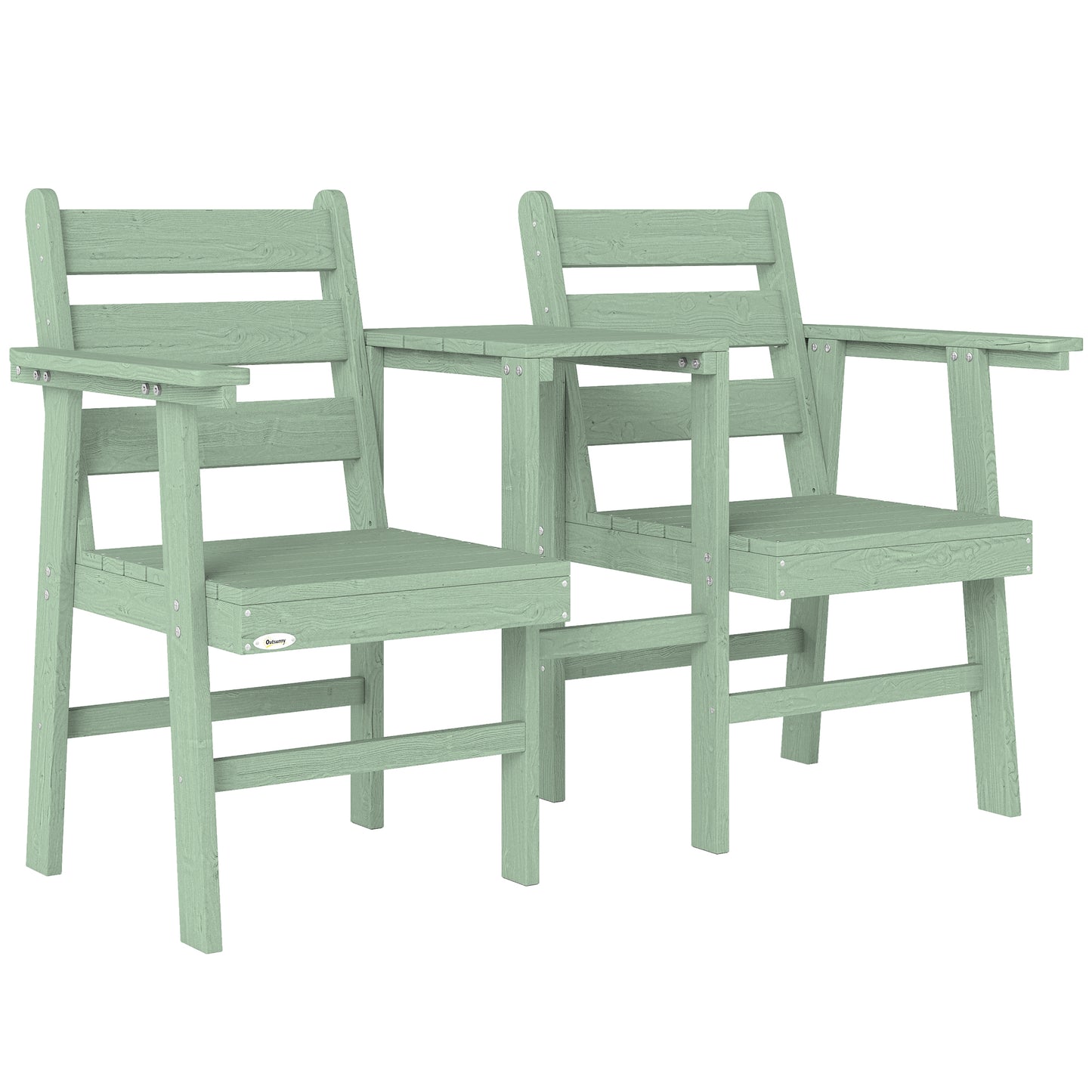 Outsunny Outdoor Garden Loveseat, Embossed Wooden Jack and Jill Garden Seat with Integrated Table, Green
