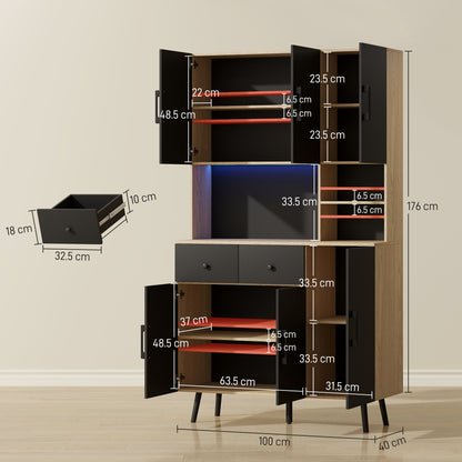 HOMCOM 176 cm Kitchen Cupboard with LED Lights - Oak and Black
