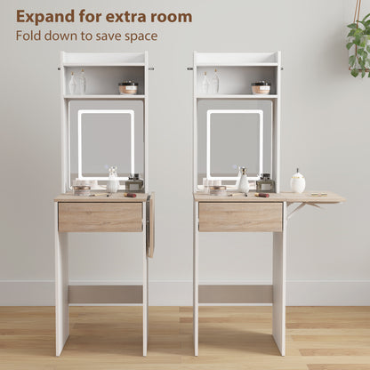HOMCOM Small Vanity Desk with Mirror and LED Lights, Compact Dressing Table with Drop Leaf, Open Shelves and Drawer, White
