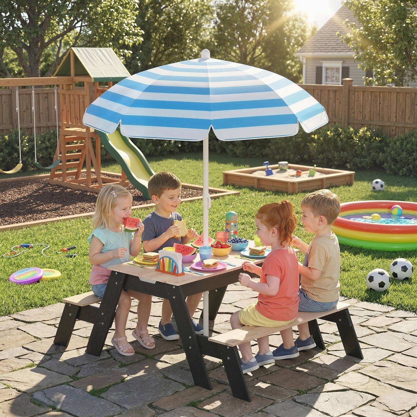 AIYAPLAY Kids Garden Furniture with Parasol, 3 in 1 Wooden Sand and Water Table with 2 Hidden Play Boxes for Patio, Ages 3-6