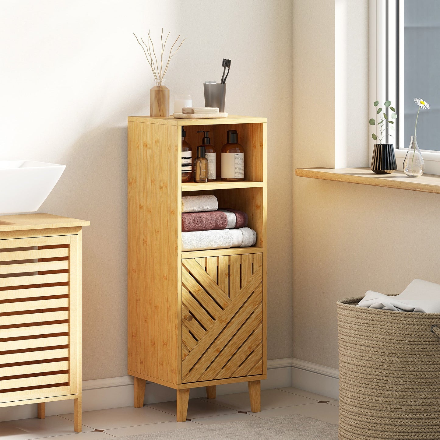 HOMCOM Slim Bathroom Cabinet with Bamboo Door and Legs, Narrow Bathroom Storage Cabinet, Freestanding Storage Cupboard with Open Compartments, 32 x 30 x 90 cm, Natural Wood Finish