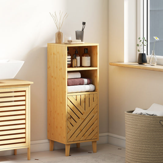 HOMCOM Slim Bathroom Cabinet with Bamboo Door and Legs, Narrow Bathroom Storage Cabinet, Freestanding Storage Cupboard with Open Compartments, 32 x 30 x 90 cm, Natural Wood Finish