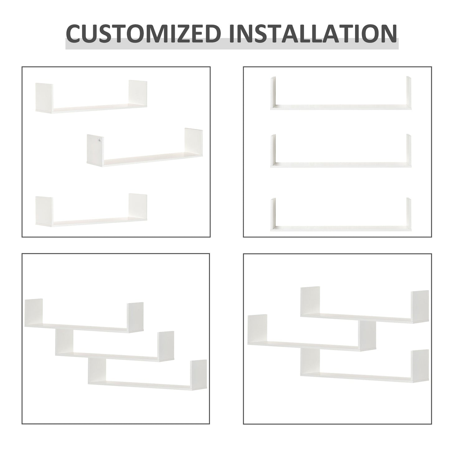 HOMCOM Set of 3 Wooden U-Shaped Floating Shelves Set Wall Mounted Hanging Bookshelf CD DVD Storage Display for Bedroom Living Room Kitchen, White