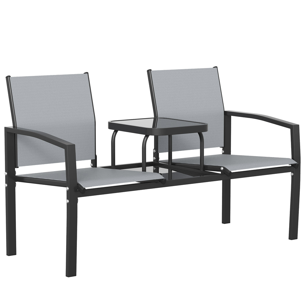 Outsunny Garden Love Seat, 2 Seater Jack and Jill Loveseat Companion Seat with 2-Tier Glass Table, Breathable Texteline, Grey