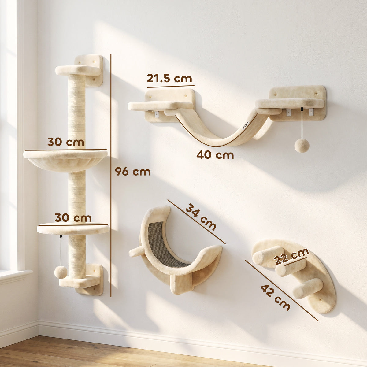 PawHut Four-Piece Cat Wall Furniture, with Hammock, Ladder, Platforms, Steps, for Indoor Use - Beige