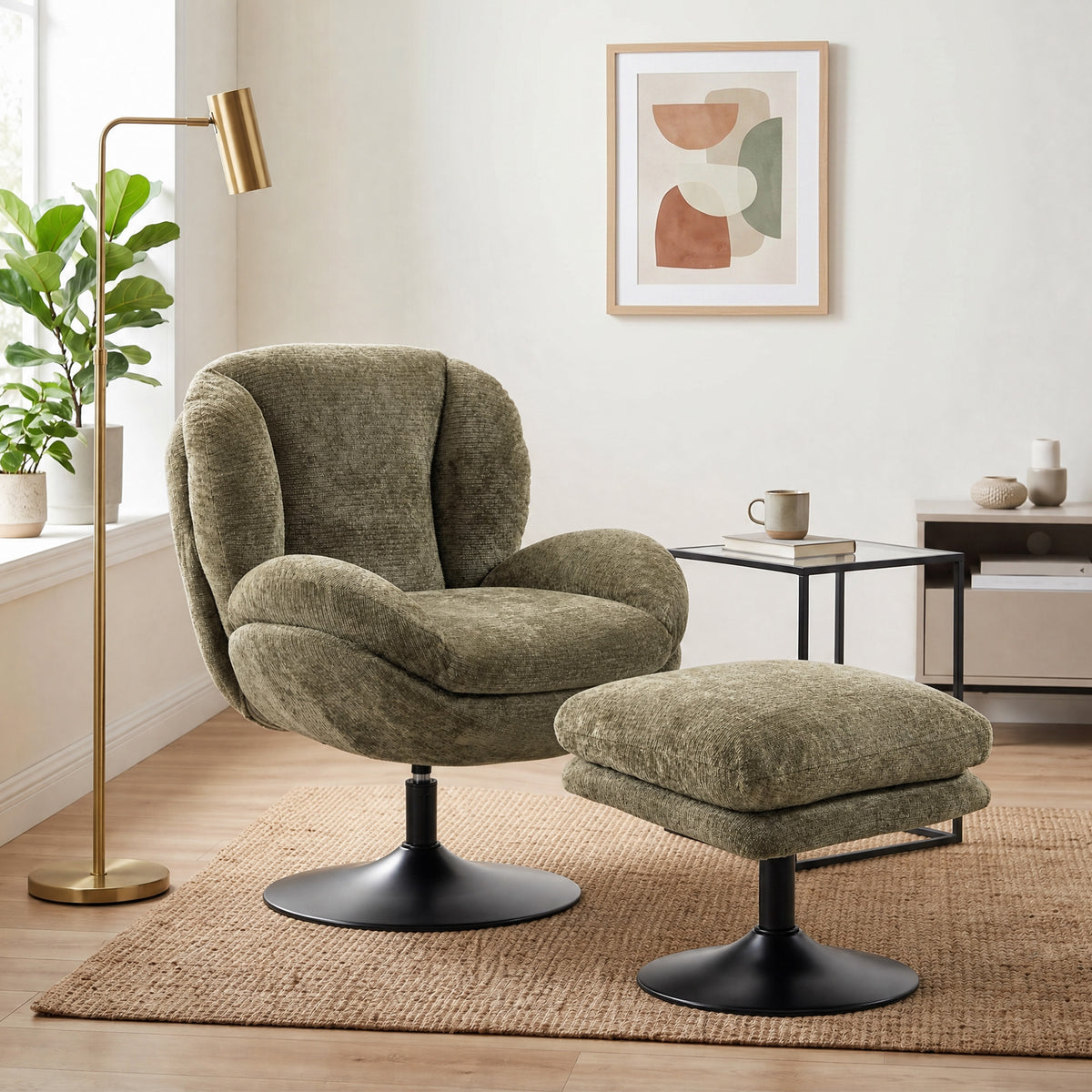 HOMCOM Modern Chenille Lazy Chair with Ottoman, 360° Swivel, Upholstered Reading Seat Set for Living Room, Dark Green