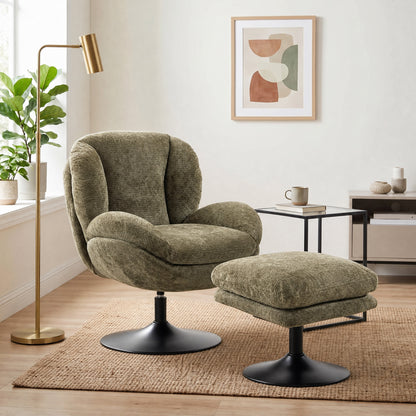HOMCOM Modern Chenille Lazy Chair with Ottoman, 360° Swivel, Upholstered Reading Seat Set for Living Room, Dark Green