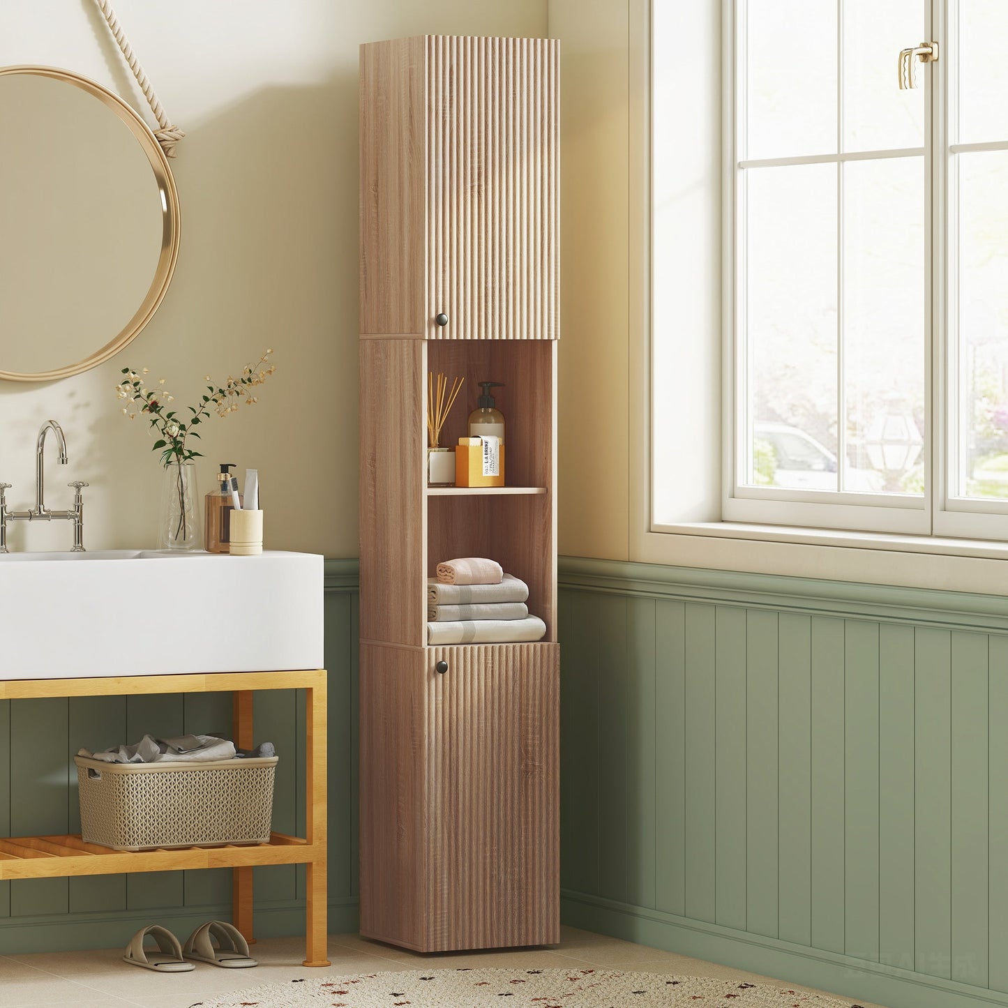 HOMCOM 6-Tier Tall Bathroom Cabinet - Natural