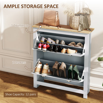 HOMCOM 2 Drawer Shoe Cabinet Modern Narrow Shoe Cupboard Hallway Wooden Storage Organiser with Flip Doors Adjustable Shelf for 6-12 Pairs, Grey