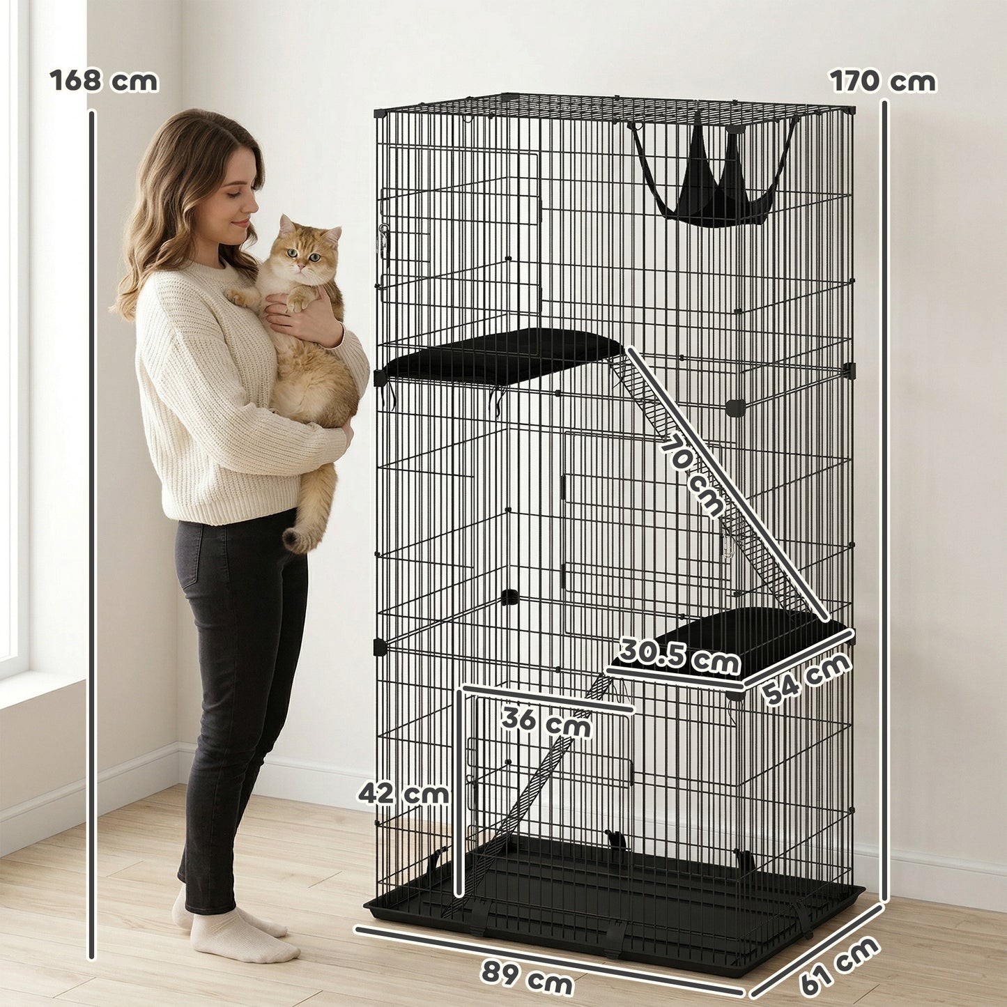 PawHut 3-Tier Large Cat Cage Indoor, Detachable Metal Wire Kennel with Hammock, Platforms, Tray and Cushions for 1-2 Kittens