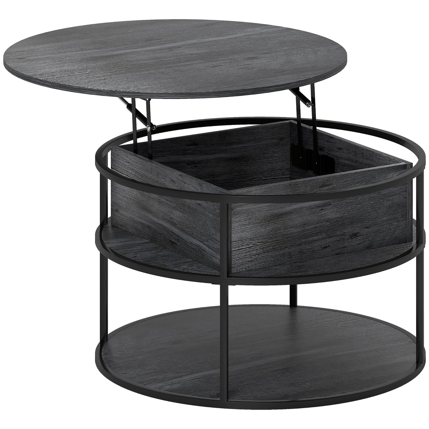 HOMCOM Lift Top Coffee Table, Round Coffee Table with Storage Shelf, Hidden Compartment and Steel Frame for Living Room, Home Office, Charcoal Grey