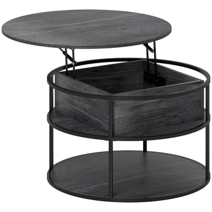 HOMCOM Lift Top Coffee Table, Round Coffee Table with Storage Shelf, Hidden Compartment and Steel Frame for Living Room, Home Office, Charcoal Grey