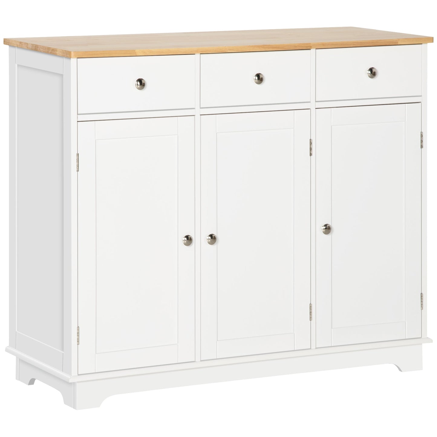 HOMCOM Sideboard with Rubber Wood Top, Modern Storage Cabinet, Kitchen Cupboard with 3 Doors, 3 Drawers and 3 Adjustable Shelves for Dining Room, Living Room, White