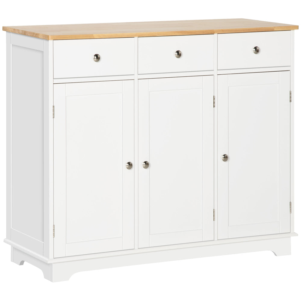 HOMCOM Sideboard with Rubber Wood Top, Modern Storage Cabinet, Kitchen Cupboard with 3 Doors, 3 Drawers and 3 Adjustable Shelves for Dining Room, Living Room, White